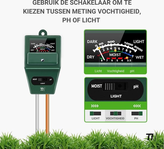 TIKKENS® Humidimètre de sol Plantes - Humidimètre pour plantes - pH et photomètre - 3 en 1 - Fleurs/Plantes - Analyses de sol de jardin - Humidimètres