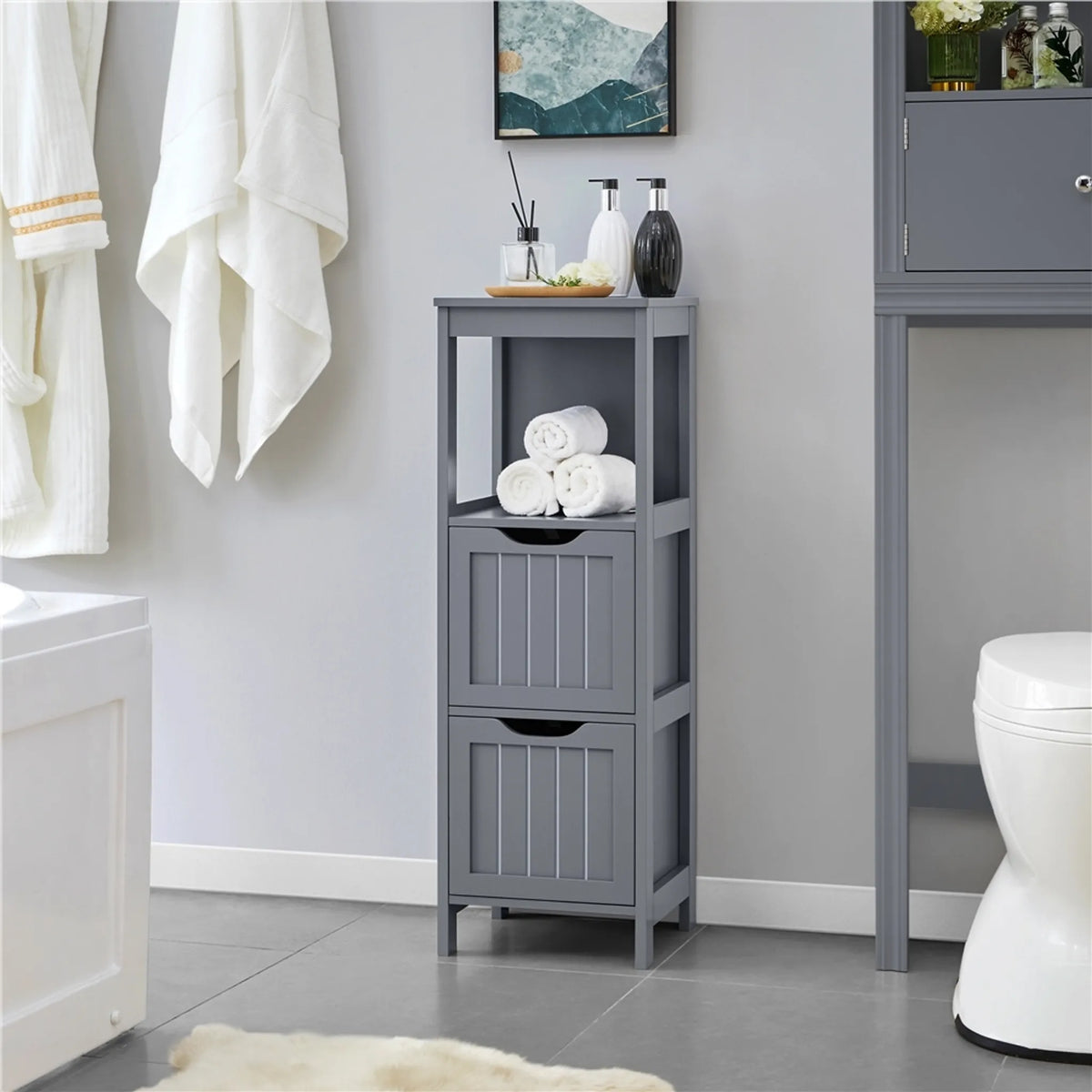 Yaheetech : armoire de salle de bains et meuble de rangement peu encombrant avec 2 tiroirs amovibles, hauteur 89 cm – gris foncé – MDF