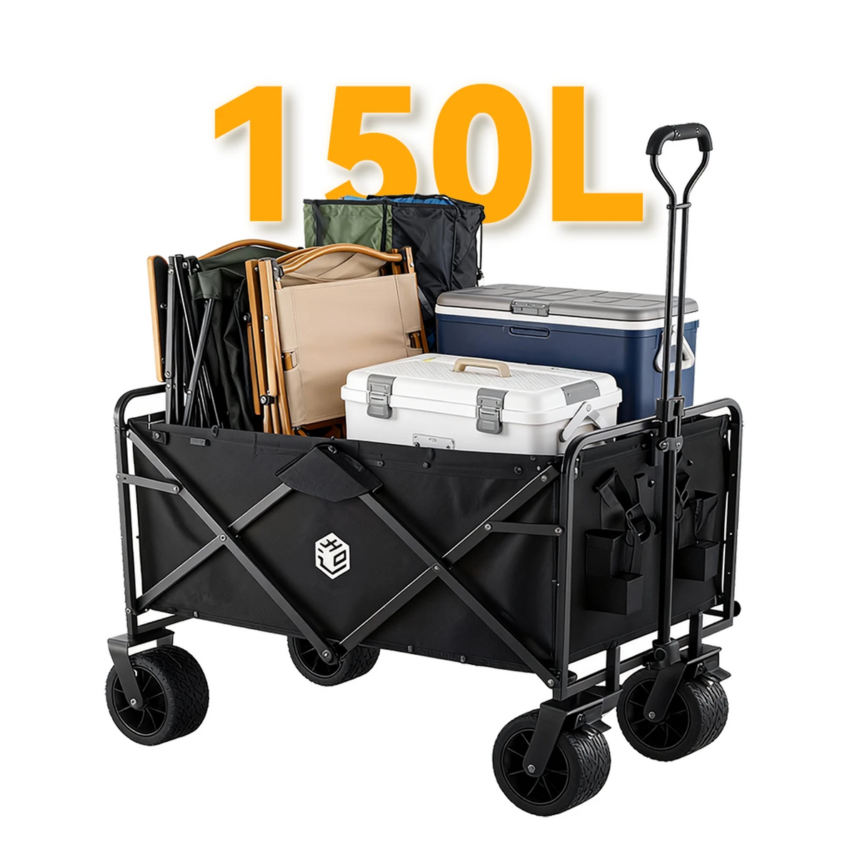 ochama Campingwagen 150L - Chariot pliable équipé de roulements à billes - Capacité de charge de 260 kg - Capacité de chargement de 300 L - Noir