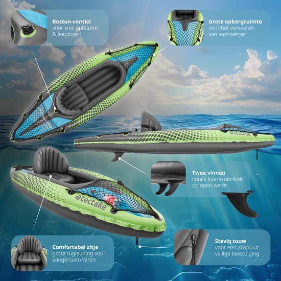 tectake® - Inflatable Kayak - Canoë gonflable pour 1 personne avec pagaie double et accessoires - Siège, pompe, sac de transport - Sports nautiques - Bateau à rames