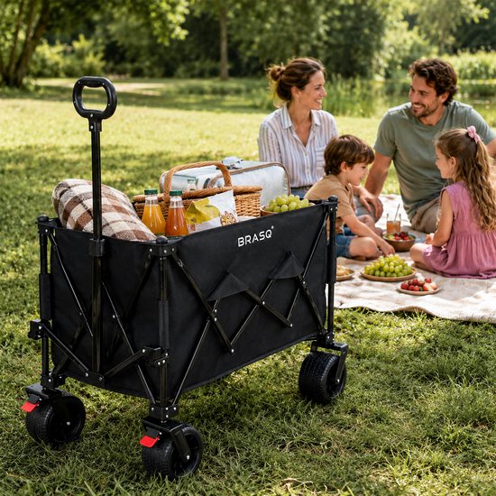 Chariot pliable BRASQ - 165 litres - Capacité de charge de 100 kg - Roues pivotantes avec frein - 90 x 52 x 110 cm - Poignée réglable - Chariot pliable - Noir