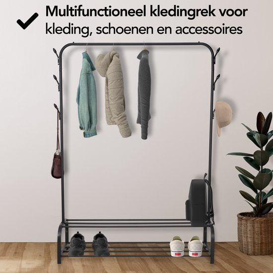 Brixy Rack à vêtements - Rack à penderies - 102x34x152cm - Rack à vêtements et à chaussures - Industriel - Métal - Noir
