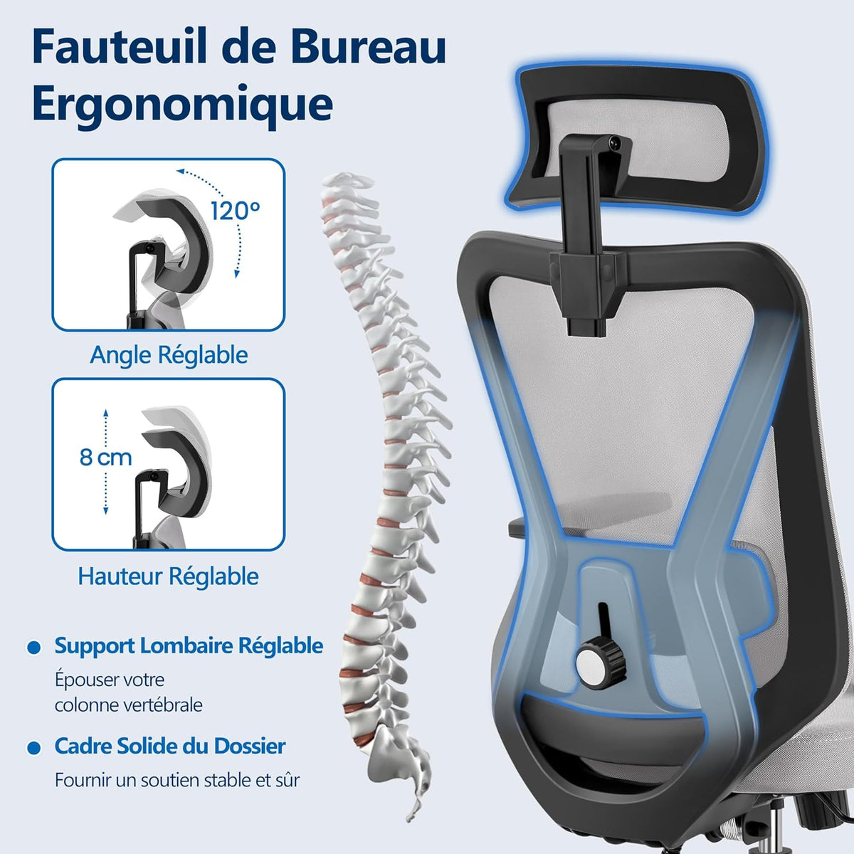 Chaise de bureau ergonomique Yaheetech avec soutien lombaire et appui-tête réglables, 70 × 70 × 125 cm, gris clair