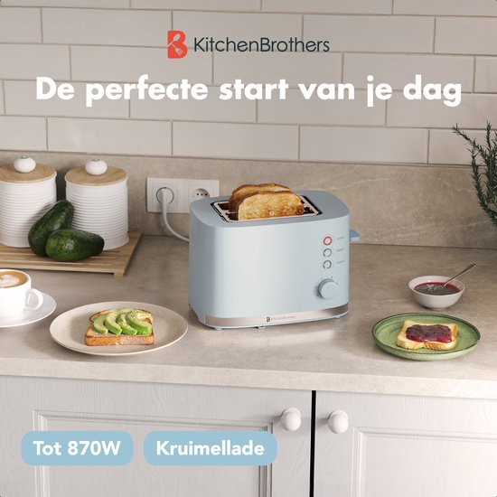 KitchenBrothers Toaster - Grille-pain - 6 niveaux de chaleur réglables - 2 fentes extra-larges - 870W - Bleu pastel