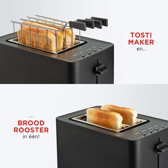 Bourgini Toasti Toaster - Grille-pain avec pinces Toasti - Noir- Fente extra-large convenant à 2 sandwichs grillés - Réglage du brunissement et fonction de décongélation