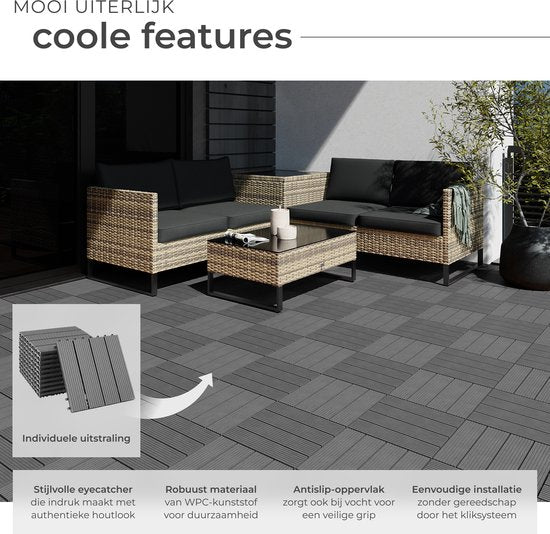 tectake® WPC wood tiles - Dalles aspect bois - Résistant aux intempéries - Sol extérieur - Dalles de sol - Sol de balcon - Dalles de terrasse avec système click - Drain - Lot de 11 - Gris