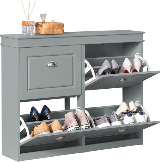 SoBuy FSR79-HG Meuble à chaussures avec 4 abattants - Meuble à chaussures avec 8 étagères - Meuble à chaussures peu encombrant pour couloir - MDF gris - 105x83x24cm