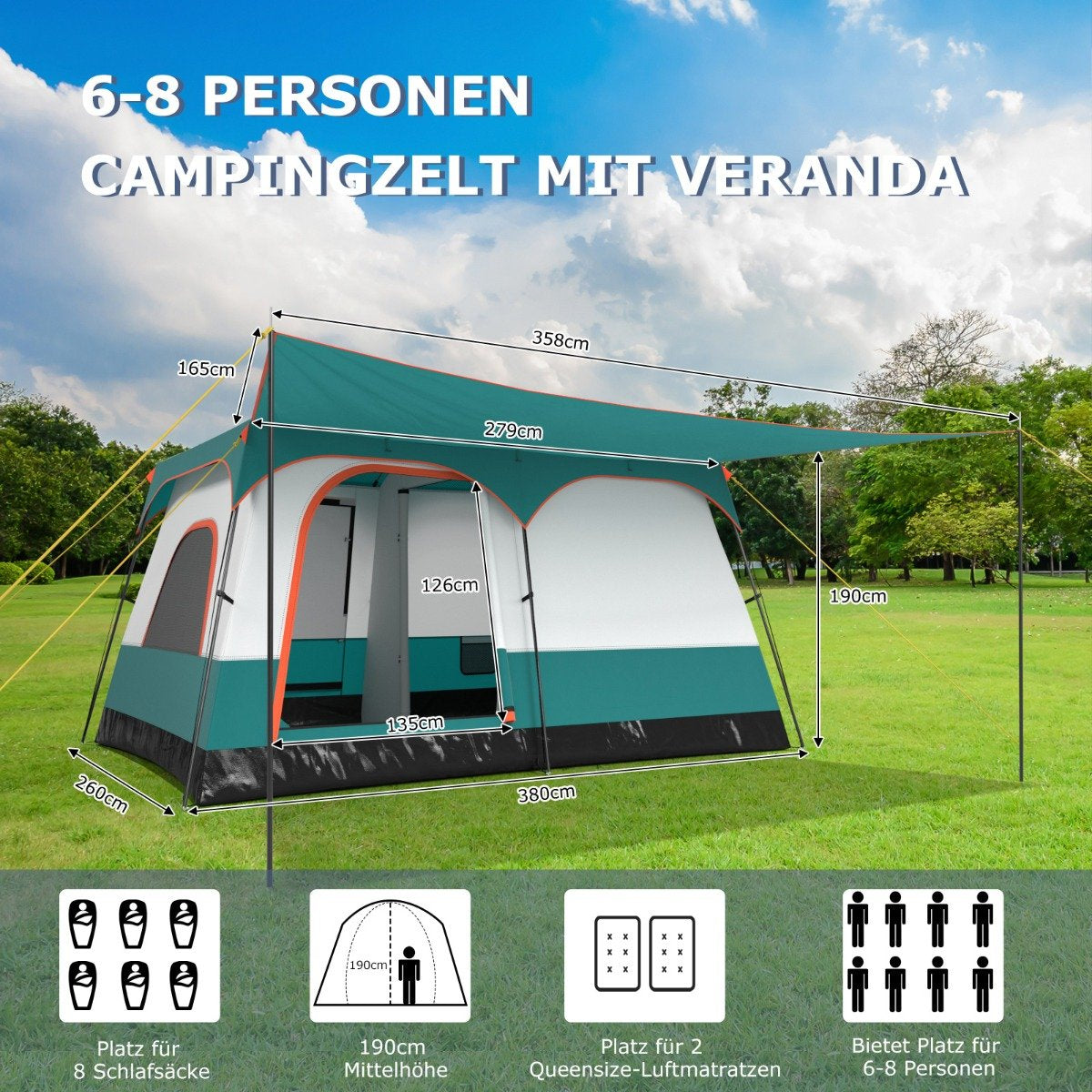 Coast Tente familiale avec auvent - 2 Chambres - 2 Entrées - 380 x 260 x 190 cm - Verte