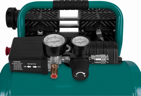 VONROC PRO Compresseur silencieux - Sans huile - 750W - 1HP - 128 l/min. - 6 Litres - 8 Bar - 57.5dB(A) - Silencieux - Faible niveau sonore - Vert