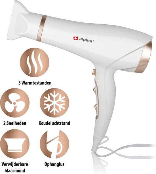 alpina Fohn - Sèche-cheveux - 2300W - Coolshot - Blanc/Rose
