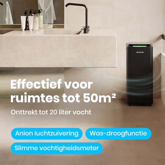 Déshumidificateur et purificateur d'air Auronic - Série Pro - 20L par jour - Fonction Lavage-Séchage - Chambre à coucher, salle de bain et salon - Déshumidificateur pour la maison - Noir