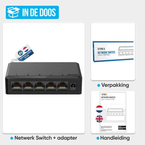 Strex Network Switch - 1000Mbps - Non géré - Commutateur Internet - 5 Ports