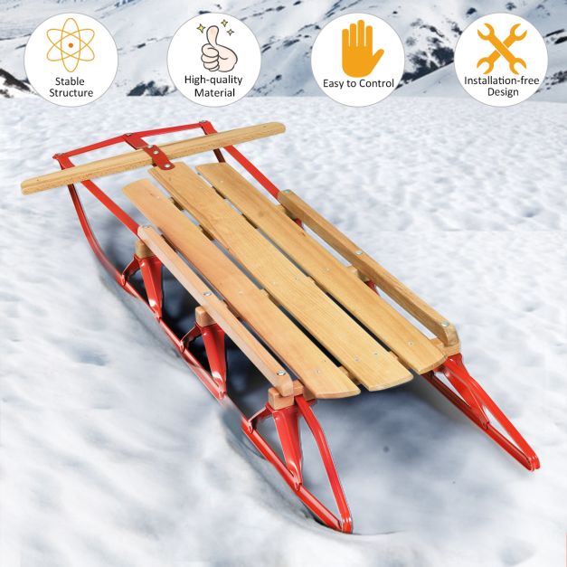 Coast Wooden and Steel Sled with Skates and Handlebar - 137x58x16 cm - Couleur rouge et bois - Pour adultes et enfants à partir de 5 ans - Capacité de charge maximale de 150 kg