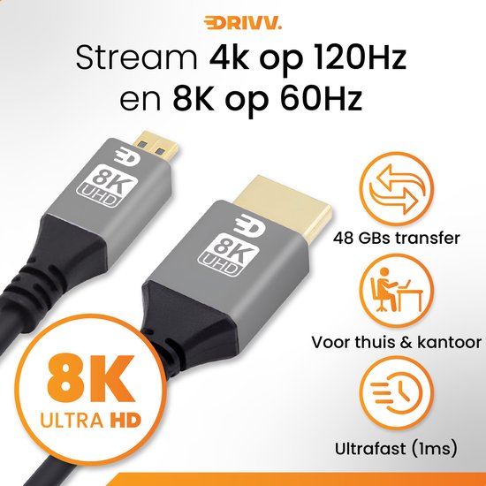 Drivv. Câble Premium Micro HDMI vers HDMI 2.1 - 8K 60Hz / 4K 120Hz Ultra HD - Convient aux caméras, GoPro, ordinateurs - 2 mètres - Gris