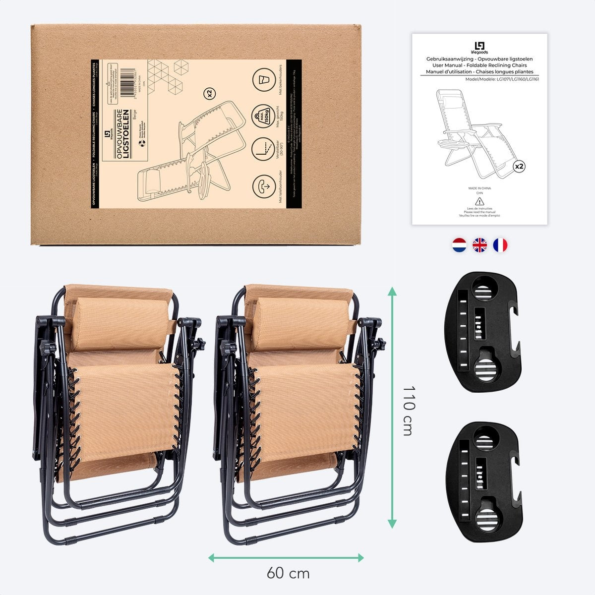 LifeGoods Chaises de jardin pliables - 2 pièces - 30°-90° réglable - métal - beige