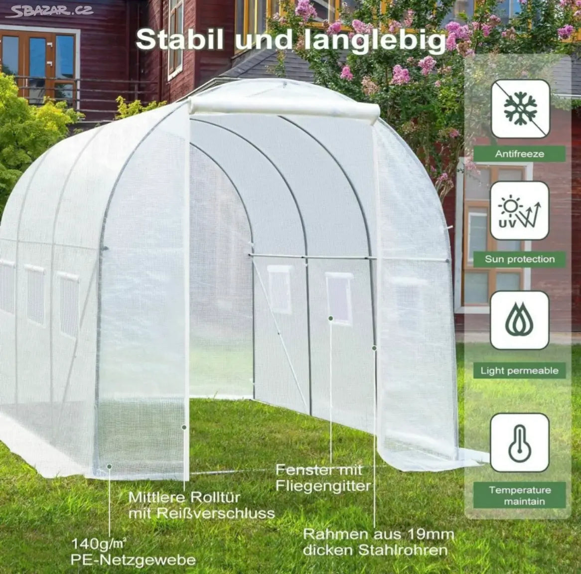 Woltu Foil Greenhouse 300x200x200 cm White - Serre tunnel spacieuse avec 6 fenêtres et fermeture à glissière