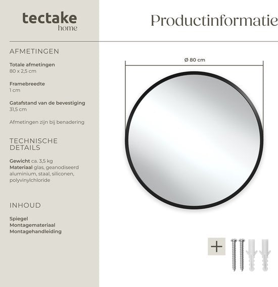 tectake® - Miroir mural rond Fiona - Miroir de salle de bain - Miroir rond avec cadre en aluminium robuste - Miroir pour la salle de bain, le salon ou la chambre - Diamètre de 80 cm