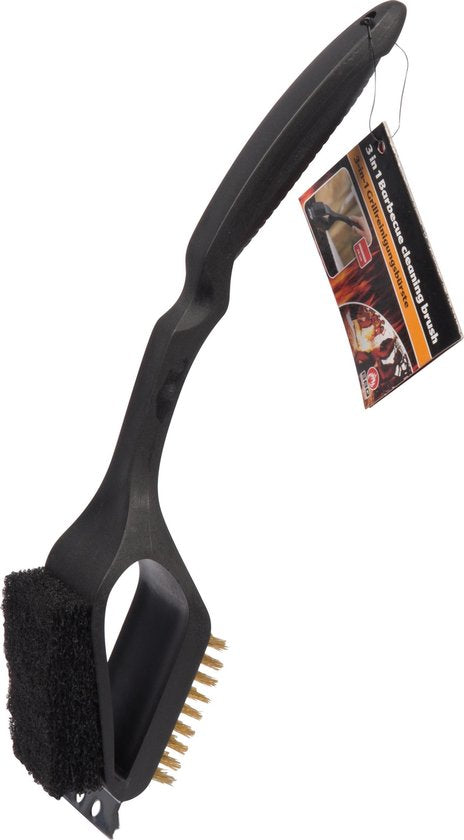 BBQ Collection Brosse de nettoyage pour barbecue - 3 en 1 - Brosse en acier - Éponge à récurer - Grattoir - 38 cm - Noir