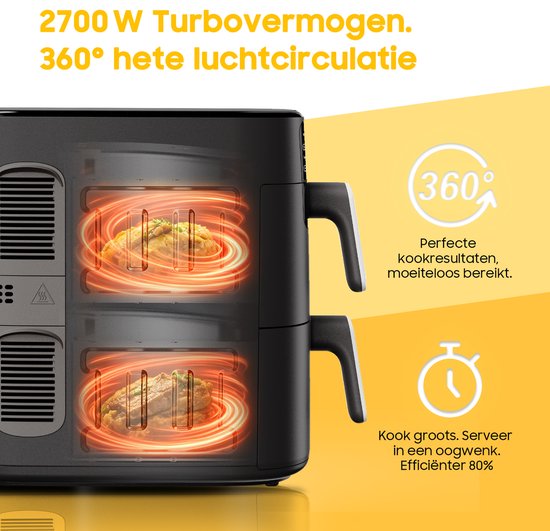 Friteuse à air chaud à double tiroir - 2 700 W : friture sans graisse et puissante - Friteuse à air chaud de 10 L avec double tiroir et structure verticale permettant de gagner 50 % d'espace - 6 programmes - Grande capacité pour un usage domestique - Livr
