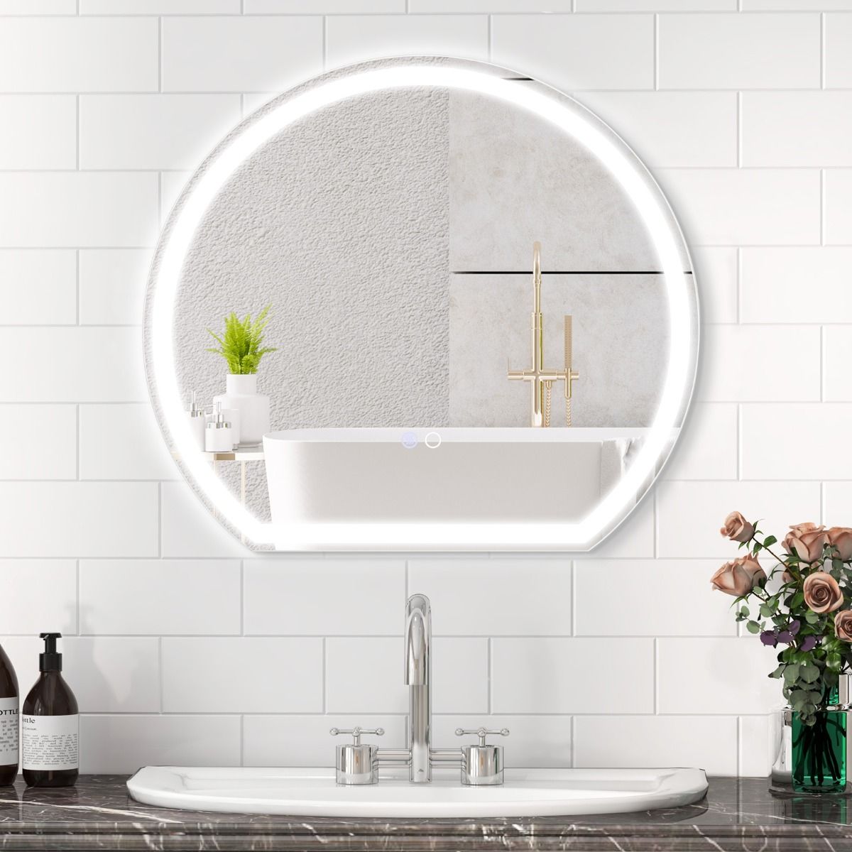 Coast 60 x 54 cm LED Miroir de salle de bain Miroir mural rond argenté avec éclairage à 3 couleurs graduables, antibuée et fonction mémoire