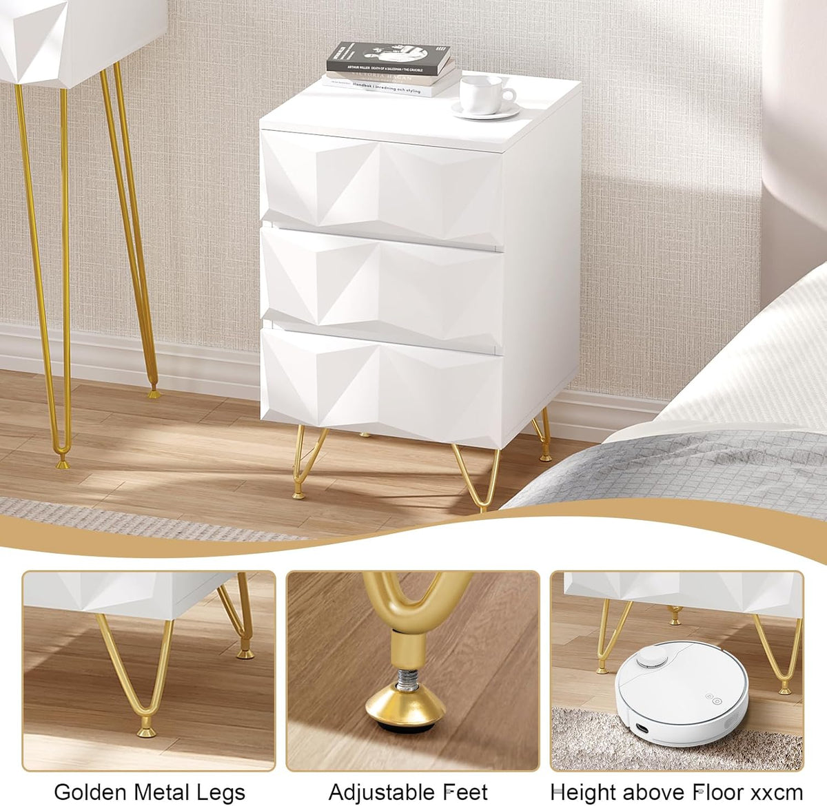 Eugad Table de chevet avec 3 tiroirs - 40x40x62,5 cm - Blanc avec or - Design 3D moderne