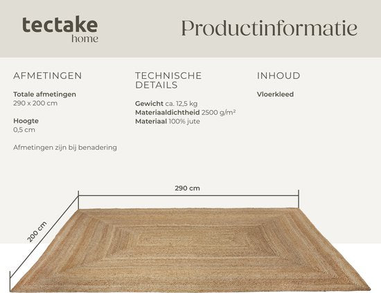 tectake® Tapis tissé à la main - Style Boho - Jute, tissage plat - Peu d'entretien - 290x200cm - Pour l'intérieur - Tapis vintage