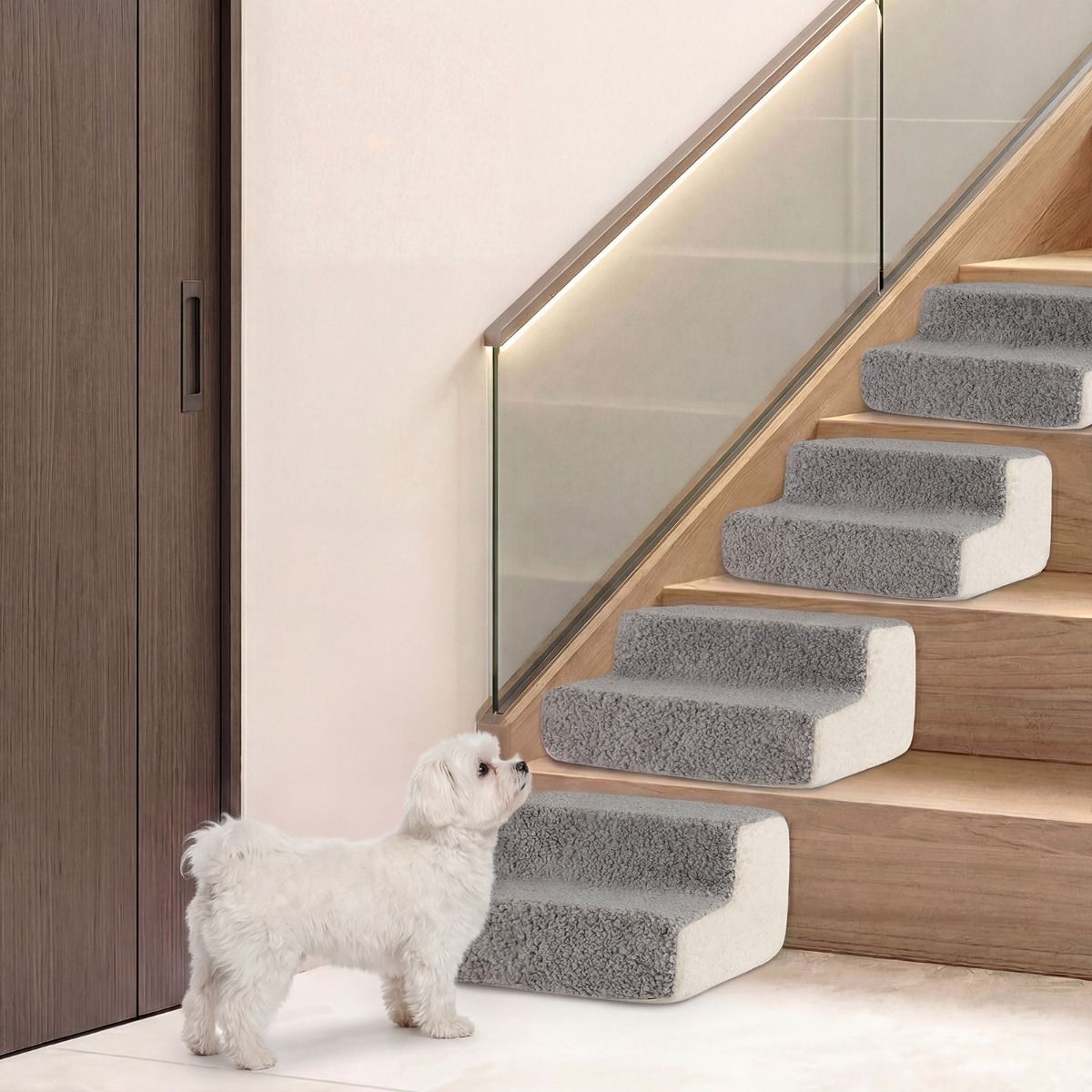 Rampe pour chiens Coast à 2 marches - escalier flexible pour animaux de compagnie - revêtement antidérapant et amovible - gris et blanc