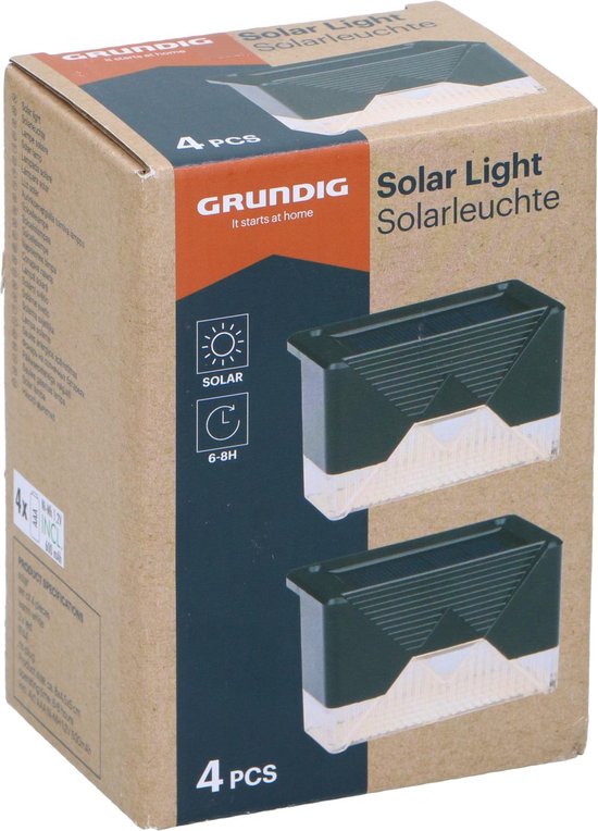 Grundig Solar Garden Lights 4 Pieces - Lampe solaire pour l'éclairage des terrasses et des clôtures - Lumière d'ambiance blanc chaud - Eclairage de jardin avec matériel de montage - 6-8 heures d'autonomie - Noir