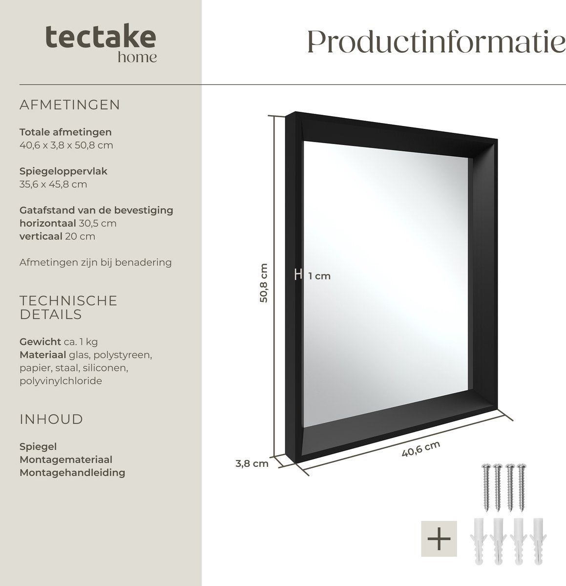 tectake® Miroir mural Elina - 40,6 x 50,8 cm - Noir - Cadre plastique rectangulaire