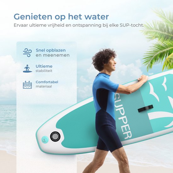 Supper Sup Board - Max. 120KG - Gonflable - Planche à pagaie - Pompe - Aileron - Leash - Sac de transport - 285 x 76 cm - Turquoise