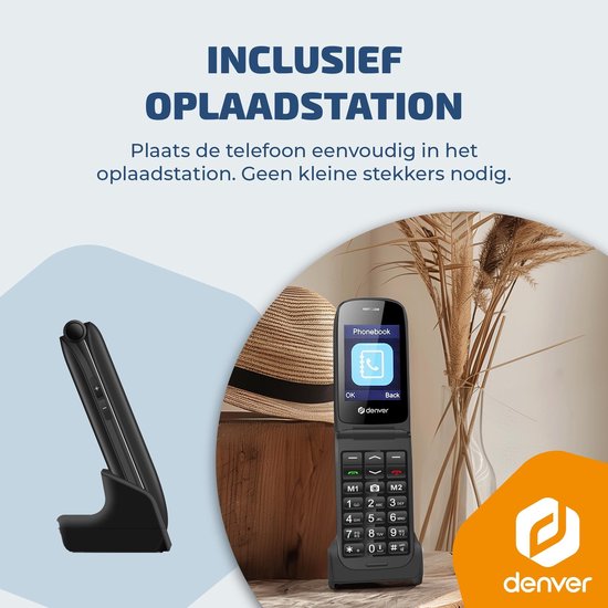 Téléphone portable Denver pour seniors 4G - Grandes touches - Bouton SOS - Grandir sans smartphone - Station de recharge - GSM - Bluetooth - Radio FM - Entièrement en néerlandais et en français - Modèle 2026 - BAS24800L