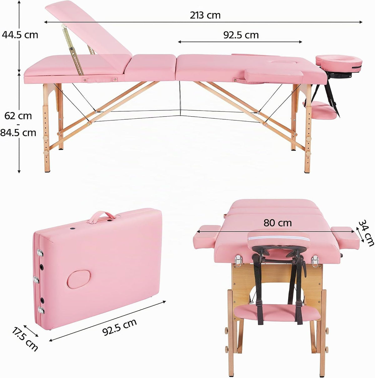 Table de massage Yaheetech à 3 zones - Pliable - 213 × 80 cm - Rose clair