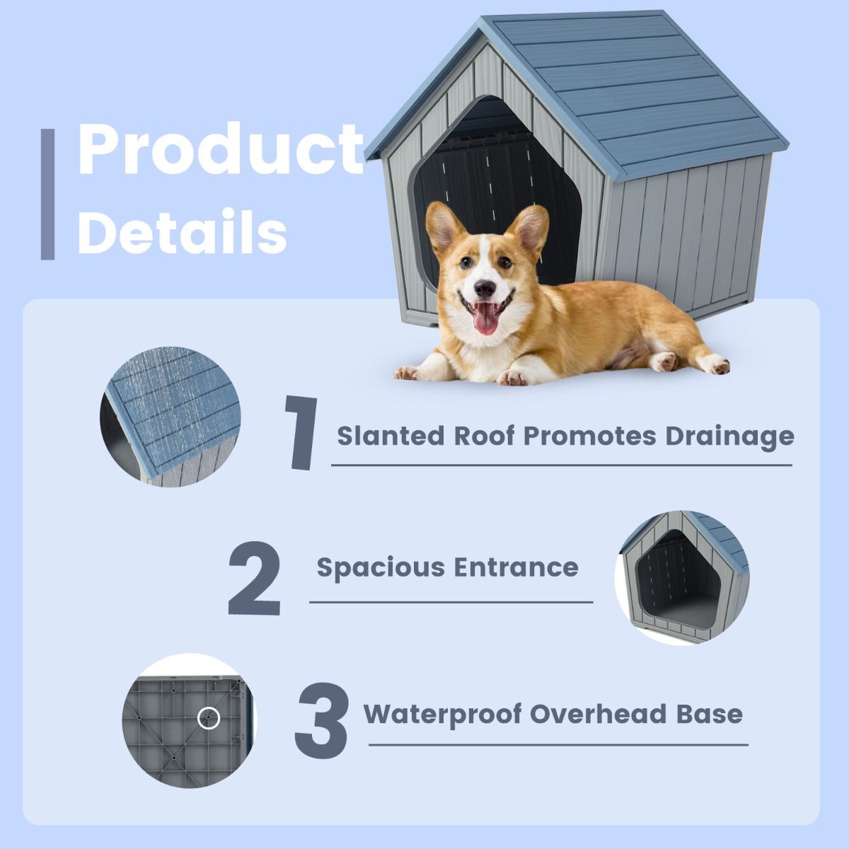 Maison pour chat Coast en plastique - Résistante aux intempéries - Grande entrée - Bleue et grise - 59,5 x 57 x 58 cm