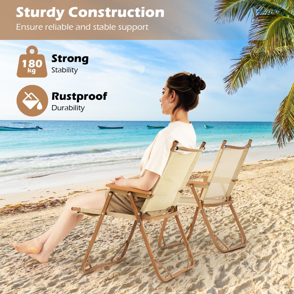 Lot de 2 chaises de camping pliantes Coast - Structure en aluminium légère - Conception ergonomique - Beige