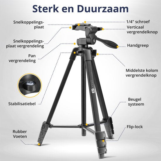 Studio ME Phone Tripod - 136 cm - Trépied Smartphone - Noir - Trépied pour appareil photo - Support pour téléphone - Télécommande Bluetooth incluse - Trépied Téléphone
