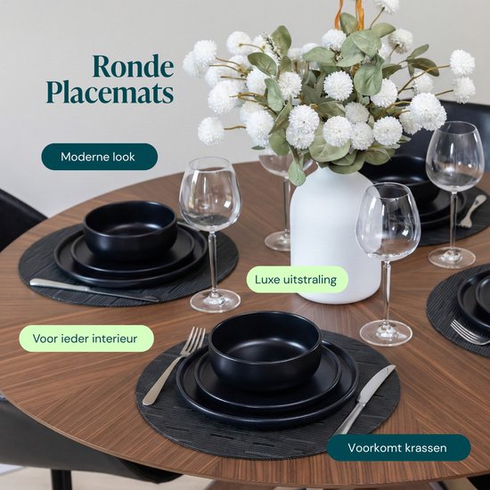 Set de table Castagnola - Set de table en plastique - Sous-verre - Sets de table en plastique et PVC - Lot de 6 - Diamètre 37 cm - Noir