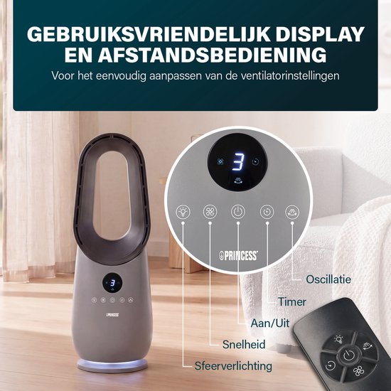 Ventilateur colonne sans pales Princess - 60 W – Ventilateur sans pales puissant et silencieux avec télécommande, minuterie et écran LED – Oscillation à 75° – 3 vitesses – 351582