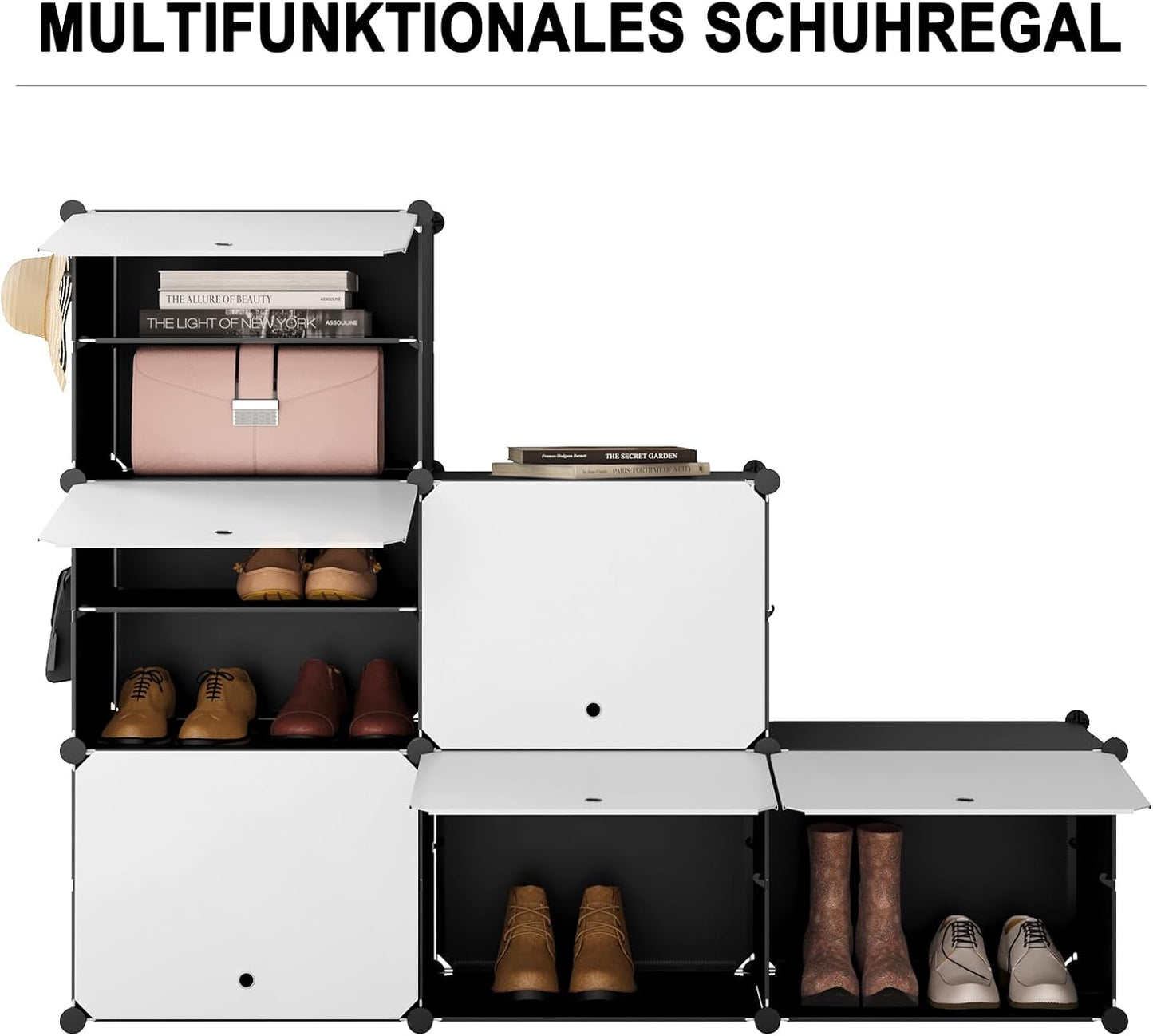 Étagère à chaussures Woltu à 6 compartiments - Meuble de rangement pour 24 paires de chaussures - Blanc/Noir - 94 x 36,5 x 109 cm