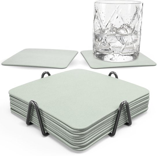 Sous-verres en simili cuir Castagnola – Sous-verres pour verres – Sous-verres design avec support – Lot de sous-verres en cuir avec support métallique – Cuir – Lot de 10 – Vert clair – 10 x 10 cm
