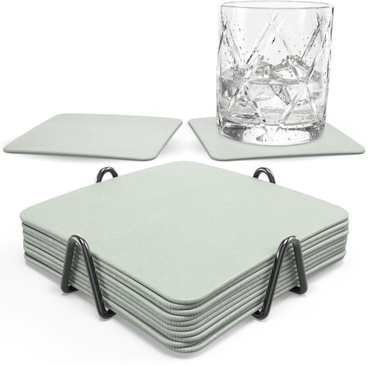 Sous-verres en simili cuir Castagnola – Sous-verres pour verres – Sous-verres design avec support – Lot de sous-verres en cuir avec support métallique – Cuir – Lot de 10 – Vert clair – 10 x 10 cm