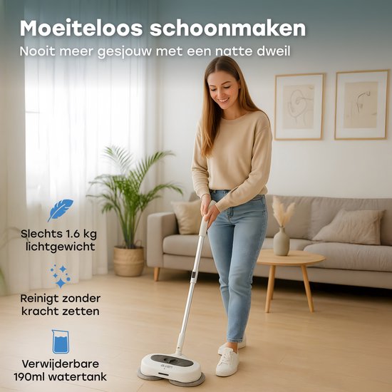 Ølven Balai à franges électrique - sans fil - nettoyeur de sols - fonction spray - éclairage LED - 50W - réglable - blanc