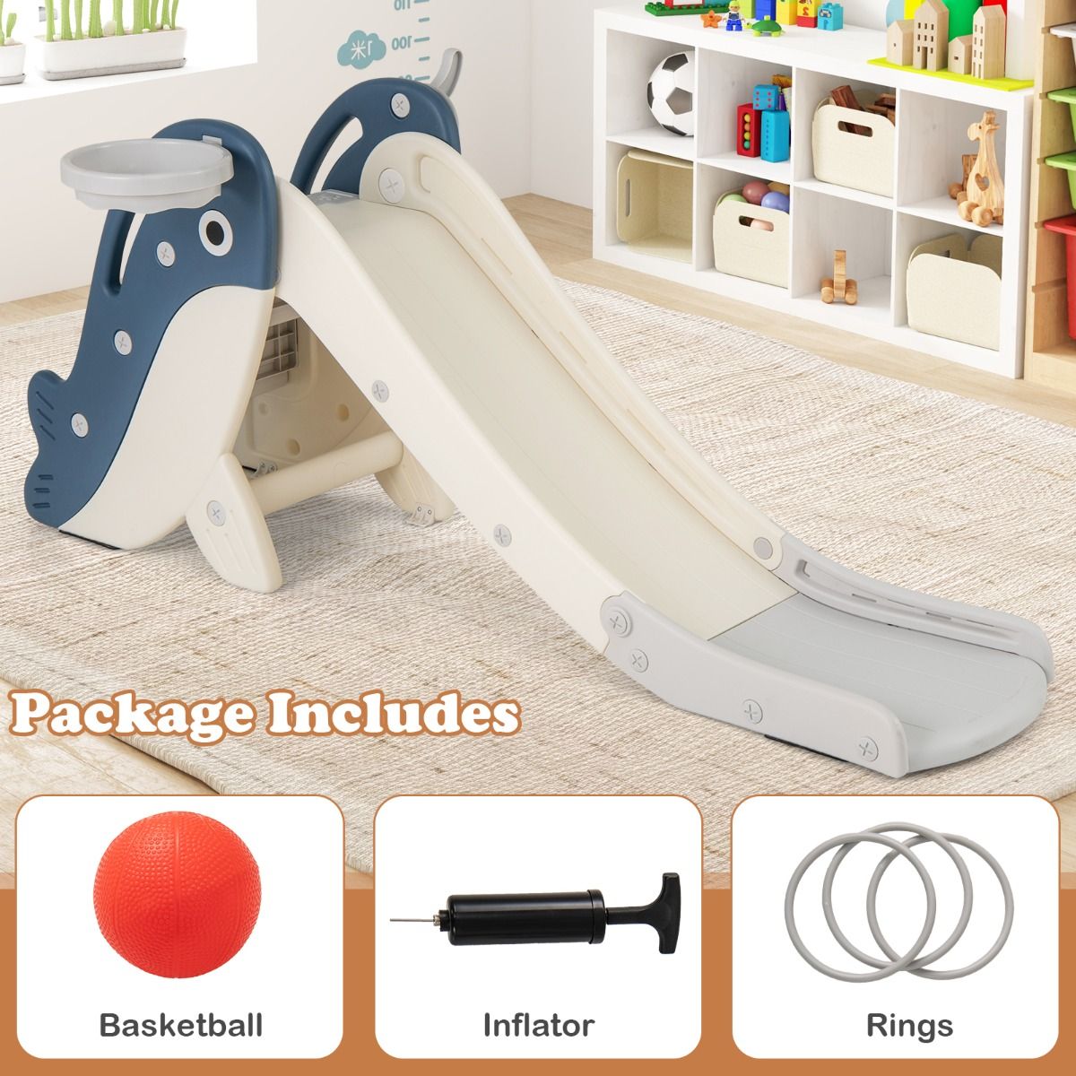Toboggan pour enfants Coast avec panier de basket et jeu de lancer d'anneaux - Ensemble de jeu pliable - Motif baleine - Bleu
