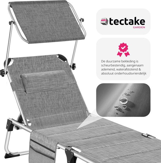 tectake® - Chaise longue Lorella rembourrée, pliable - gris chiné - 220 x 60,5 x 34 cm, avec poche latérale
