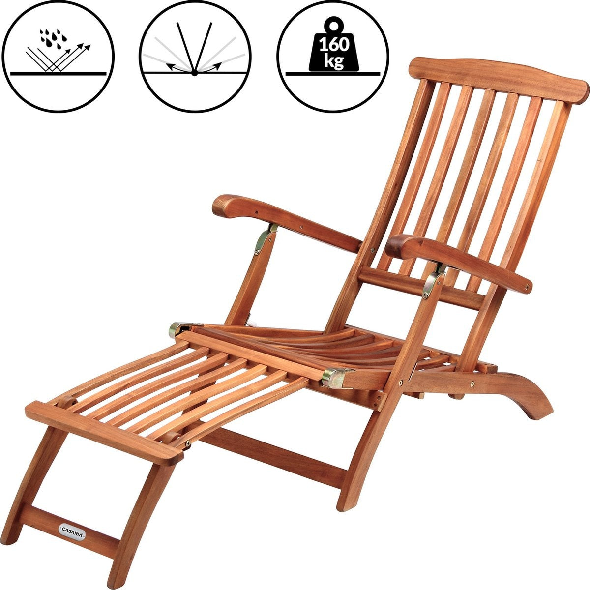 Chaise longue - Casaria Queen Mary – Bois d’acacia – 169 x 54 x 95 cm – Marron