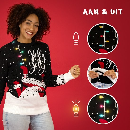 Pull de Noël JAP avec guirlande lumineuse (taille XL) - 100 % recyclé - Ne gratte pas - Cadeau de Noël pour adultes - Pull de Noël kitsch pour femmes et hommes - Holly Jolly - Noir