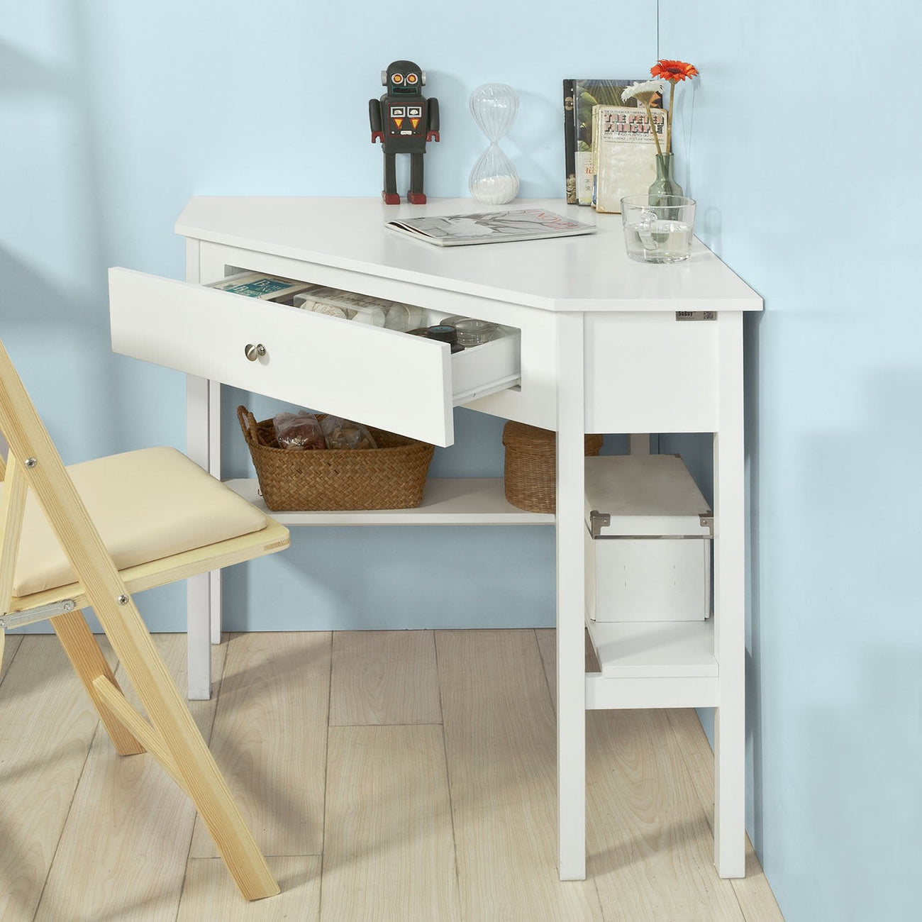 SoBuy FWT31-W Table d'appoint avec tiroir - Modèle d'angle - 76 x 76 x 76 cm - Blanc