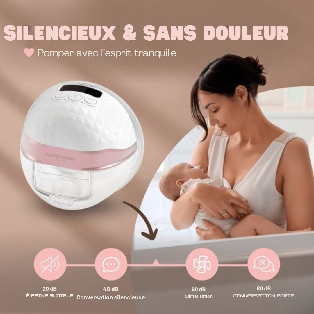 Tire-lait électrique sans fil Vulpes Goods®- mains libres et portable - avec contrôle APP - sans BPA - avec détartreur de granules mammaires, 30 sachets de conservation du lait maternel, sac de voyage et journal du tire-lait - PRO V2 - blanc/rose