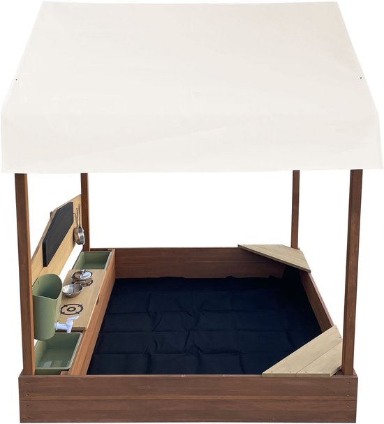 AXI Meli Bac à sable et maisonnette 120 x 120 cm avec cuisine jouet – Marron – Avec toit – Bois FSC – Avec tableau noir, réservoir d'eau et set de cuisine jouet 6 pièces – Avec 2 bancs - Toile de protection incluse – Garantie de 10 ans