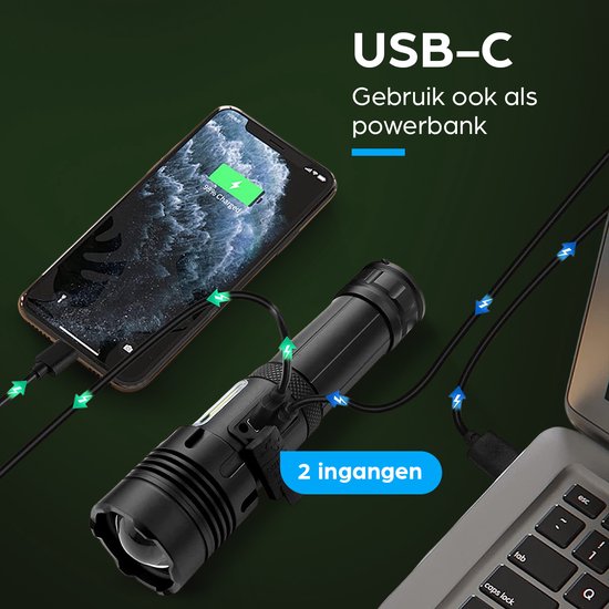Lampe de poche LED rechargeable Exortus® - 5 000 lumens - Résistante et étanche - Batterie 26650 - Éclairage COB - Boîte de rangement - Étui