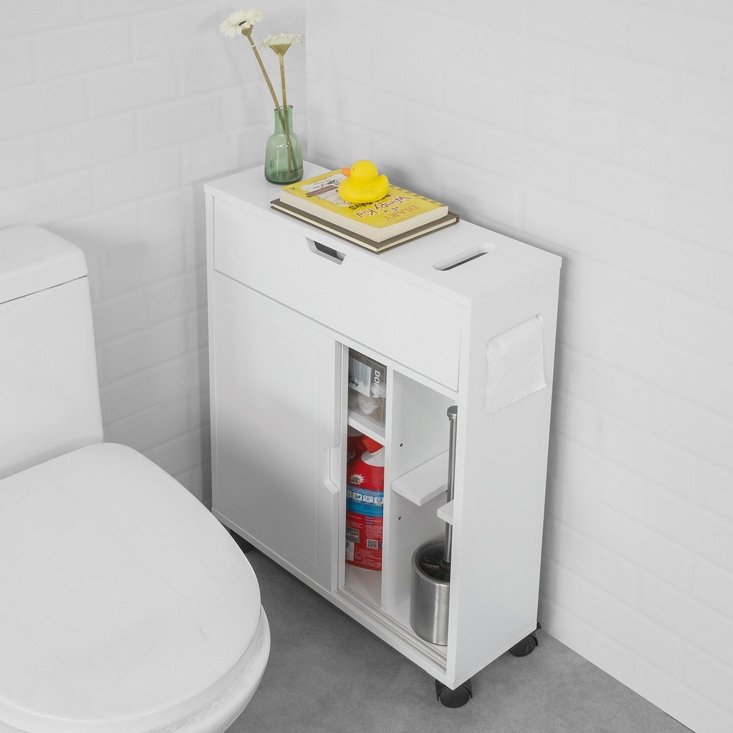 SoBuy BZR31-W Meuble de salle de bains avec 2 portes coulissantes et un tiroir - avec roulettes - 67 x 52 x 17 cm - blanc